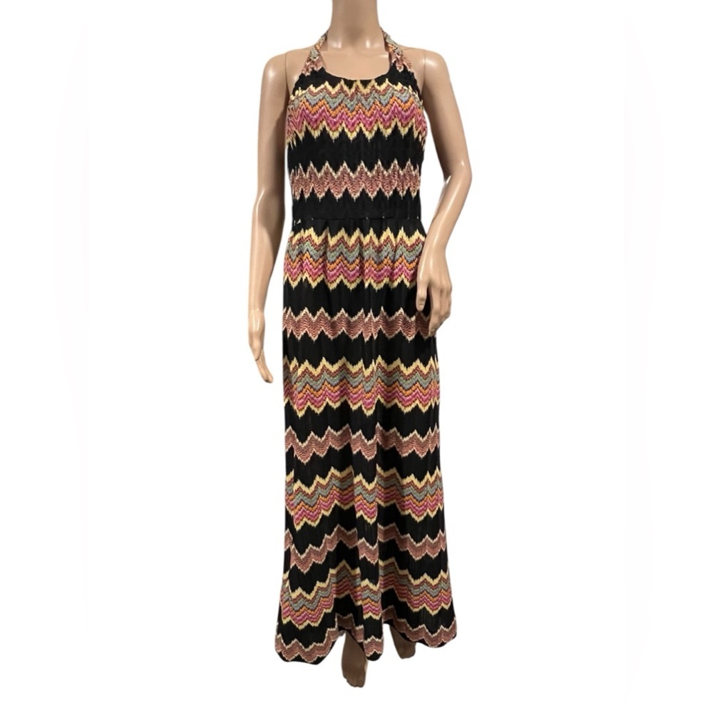 Vintage 70s Leslie J Black Rainbow Knit Flame Stitch Maxi Halter Dress Y2K S